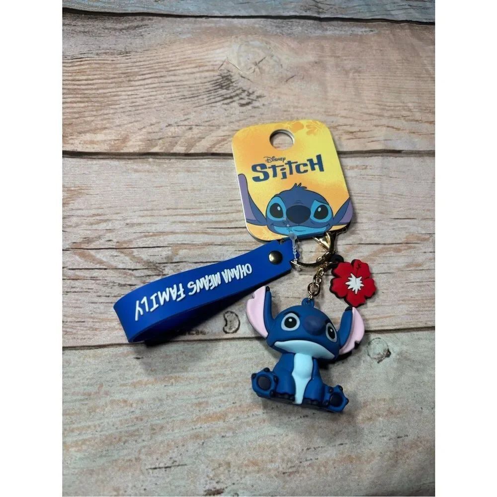 New Disney Stitch Blue Keychain with Red Flower Charm